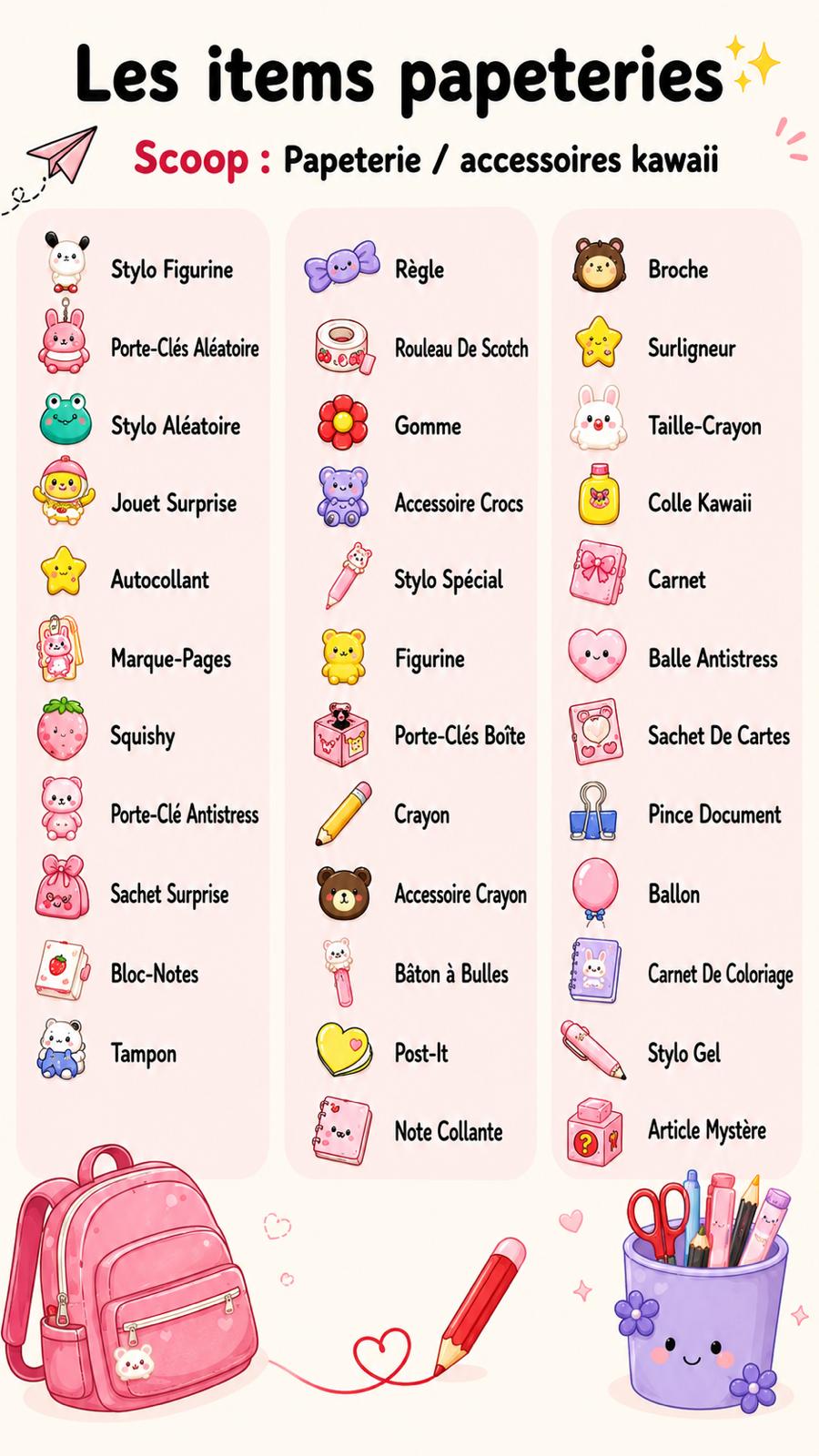 Affiche illustrée : catégories d'articles kawaii possibles du scoop Papeterie (fournitures, figurines, accessoires)