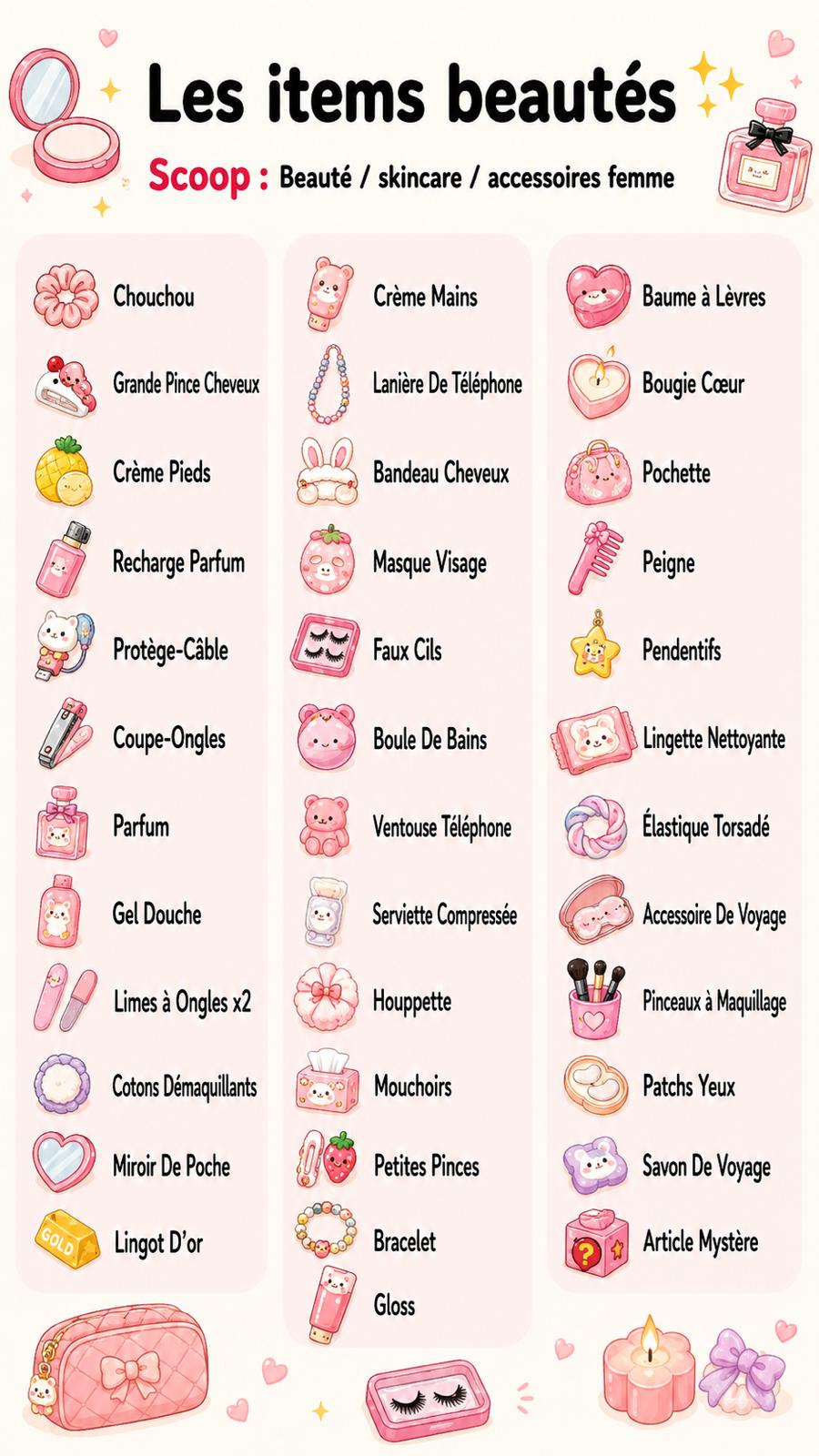 Affiche illustrée : catégories d'articles kawaii possibles du scoop Beauté (soins, accessoires, maquillage)