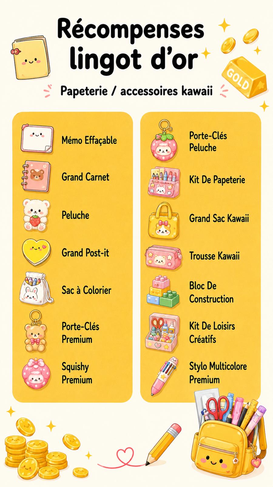 Affiche illustrée : catégories de récompenses possibles du palier GOLD, scoop Papeterie