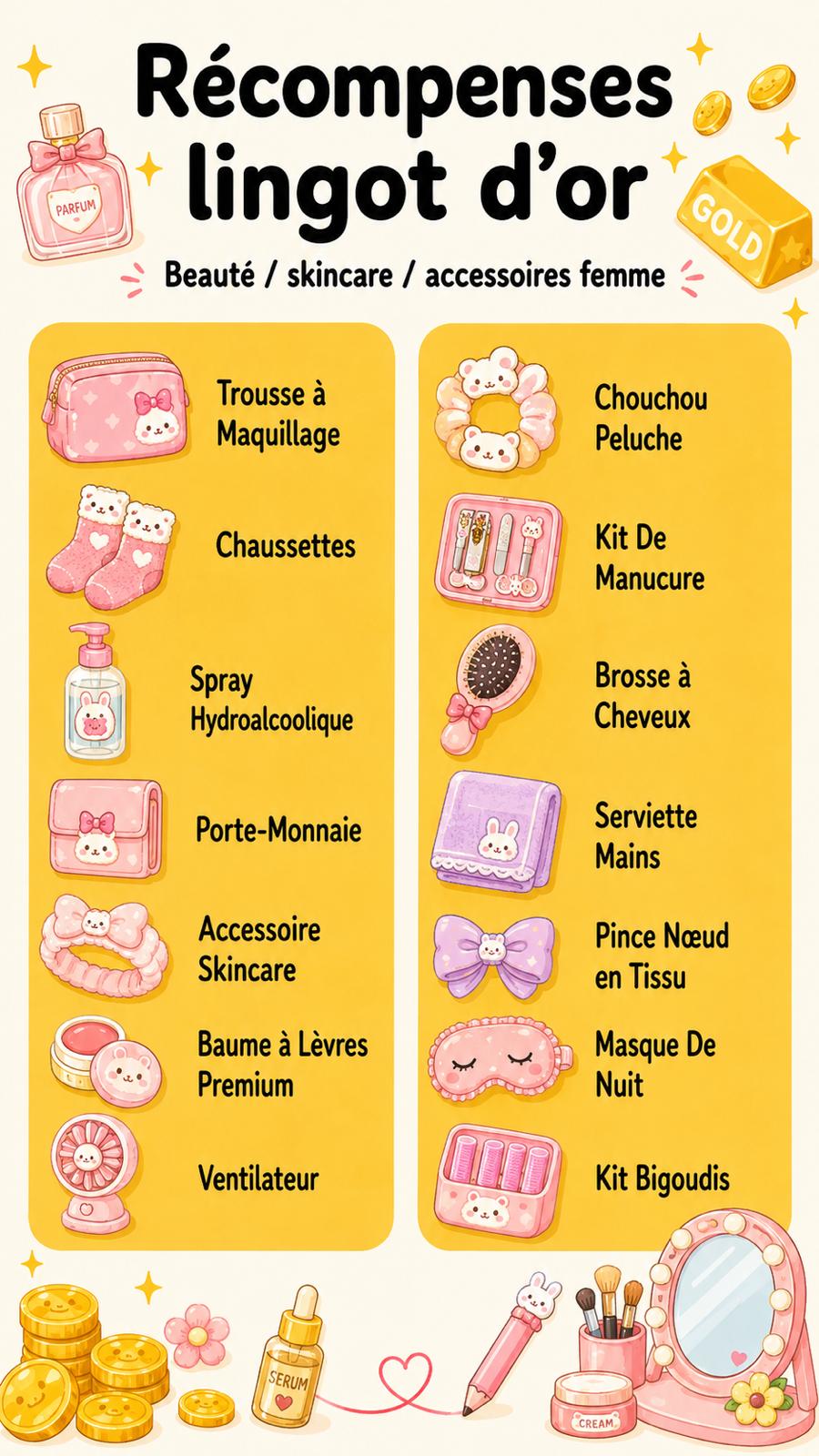 Affiche illustrée : catégories de récompenses possibles du palier GOLD, scoop Beauté