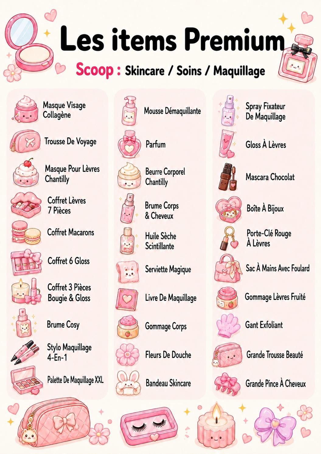 Affiche illustrée : catégories d'articles premium possibles du scoop Skincare (soins, maquillage)