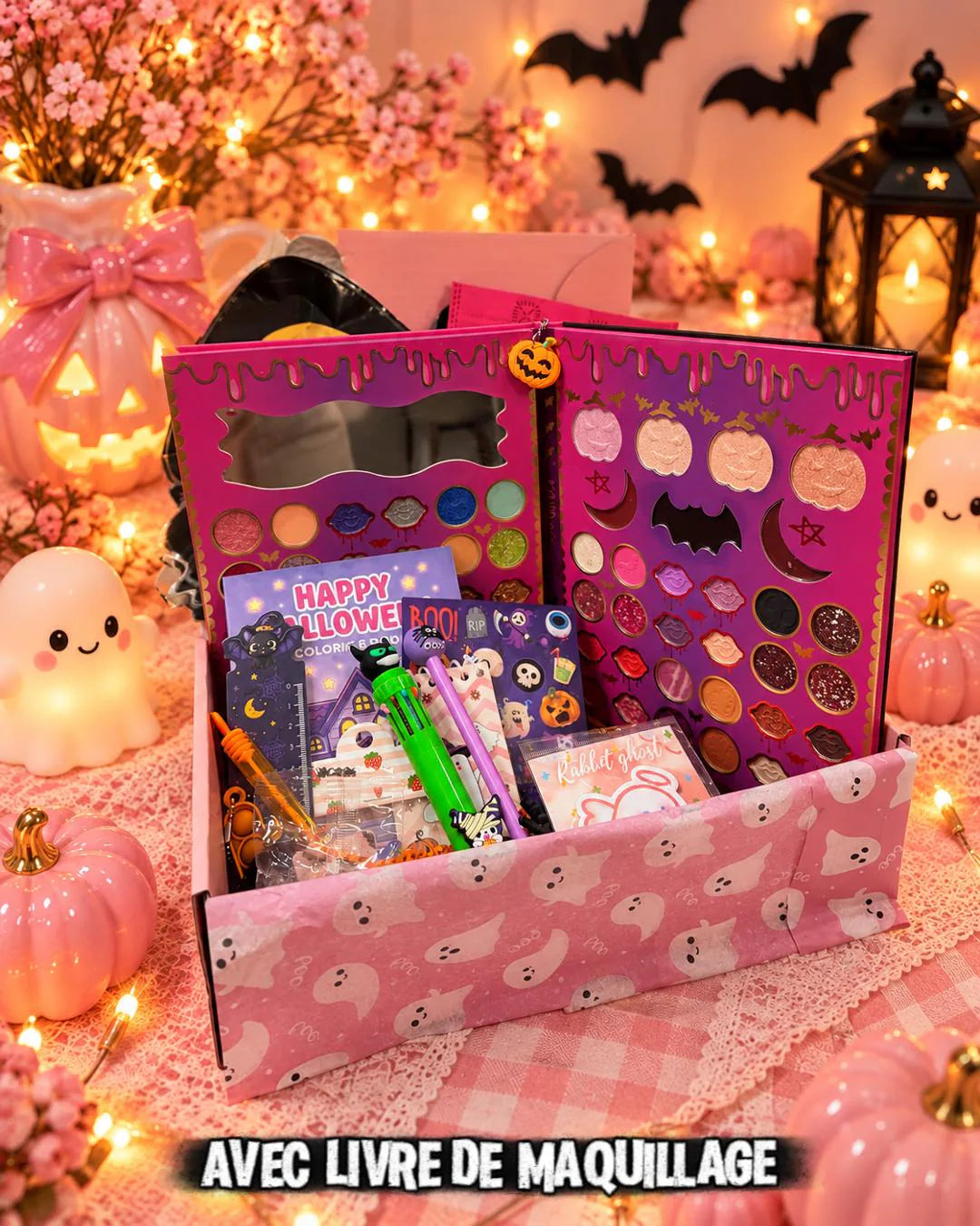 Box Halloween Kawaii ouverte avec livre de maquillage