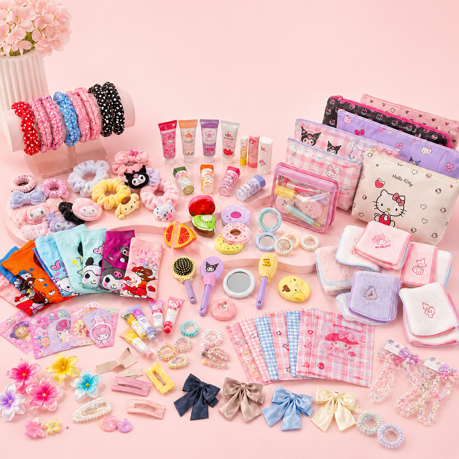 Assortiment beauté kawaii : accessoires cheveux, pochettes, soins et bijoux sur fond rose