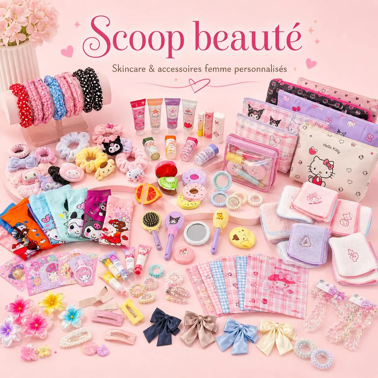 Scoop beauté et skincare kawaii personnalisé : pochettes, chouchous, pinces à cheveux, miroirs et soins Scoop by Coralie